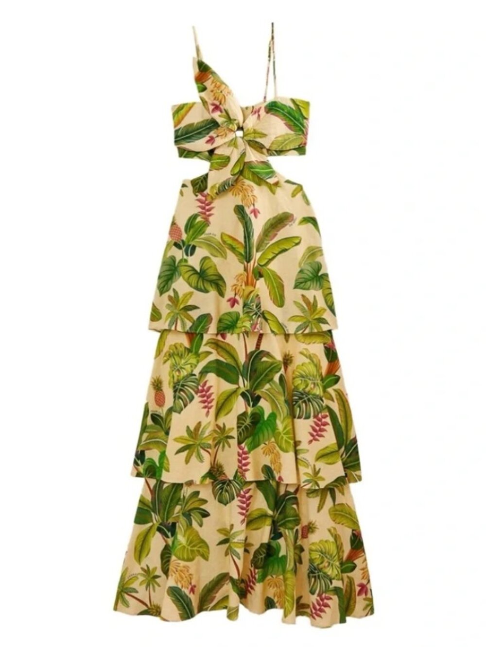 NWT FARM Rio Fruit Forest Linen Blend Maxi Dress XL Tropical Cutout Ruffle Sand - Picture 8 of 11